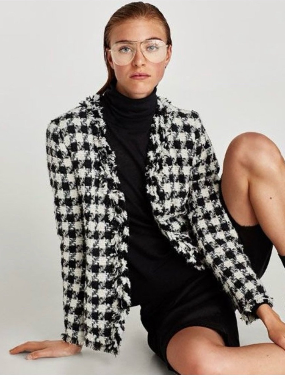 Zara Black & White checked blazer Fringe Jacket Jacket/coat, size S
